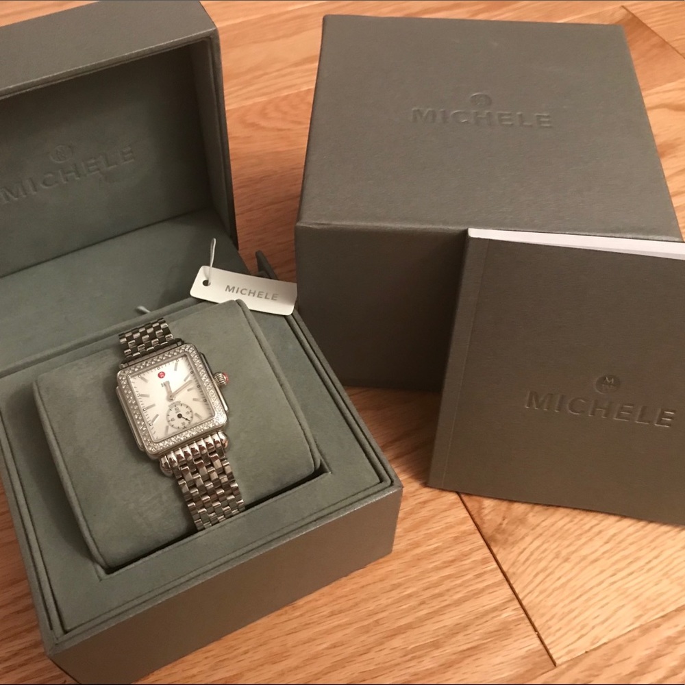 Michele Stainless Steel Diamond-Accented Silver Bracelet Watch
